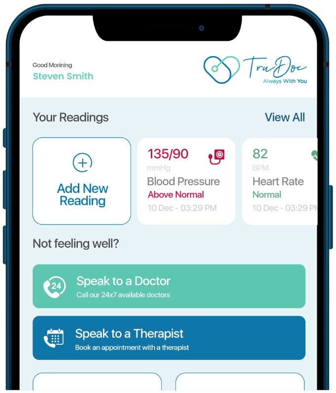 Screen shot of TruDoc app showing how you can speak to a doctor 24/7