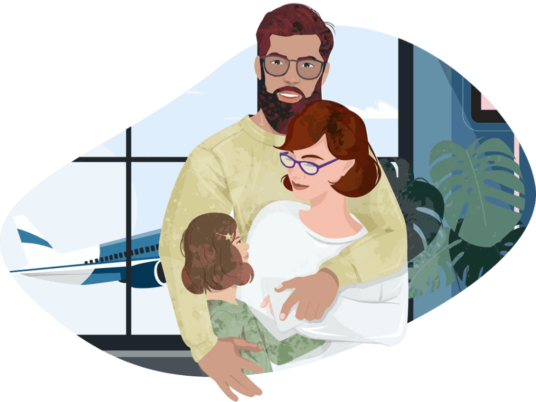 William Russell brand illustration showing a family in the airport ready for a flight